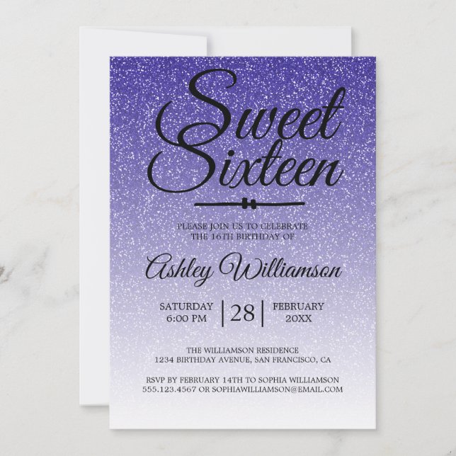 Invitación Moda Real Purpurina Azul Ombre Sweet 16 Cumpleaños (Anverso)
