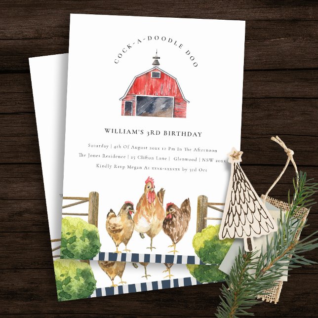 Invitación Moda Red Barn Pollo Granja Acuarela Cumpleaños (Subido por el creador)