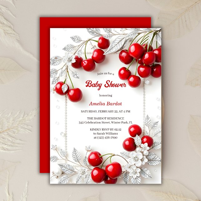 Invitación Moda Red Cherry Chica Baby Shower (Chic Red Cherry Themed Girl Baby Shower Invitation)