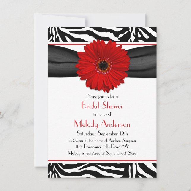 Invitación Moda Red Gerber Daisy Zebra Imprimir ducha de novi (Anverso)