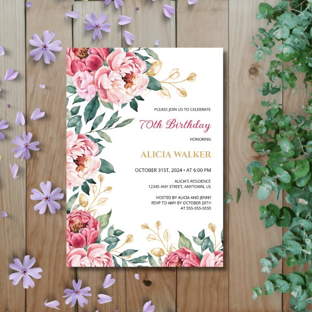 Invitación Moda Red Pink Peony Floral Gold Leaf Cumpleaños (Subido por el creador)
