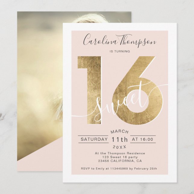 Invitación Moda Relieve metalizado dorado batido Sweet 16 fot (Anverso / Reverso)
