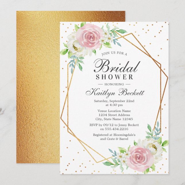 Invitación Moda Relieve metalizado dorado geométrico Floral B (Anverso / Reverso)