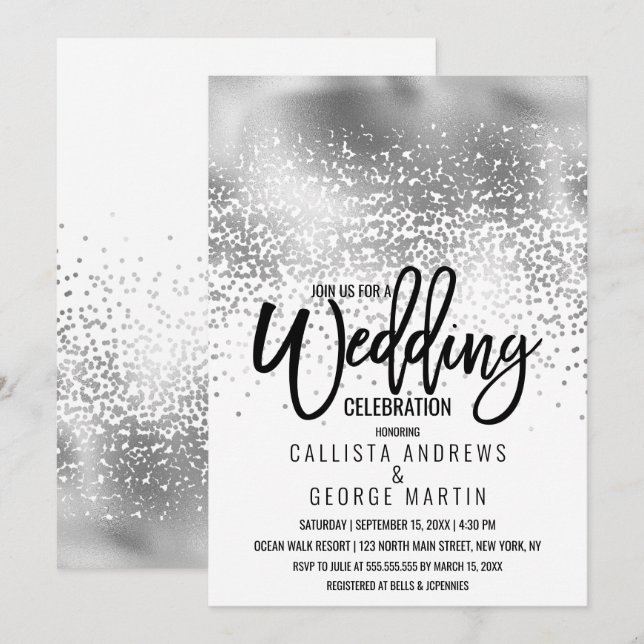 Invitación Moda Relieve metalizado plateado blanco Confetti O (Anverso / Reverso)
