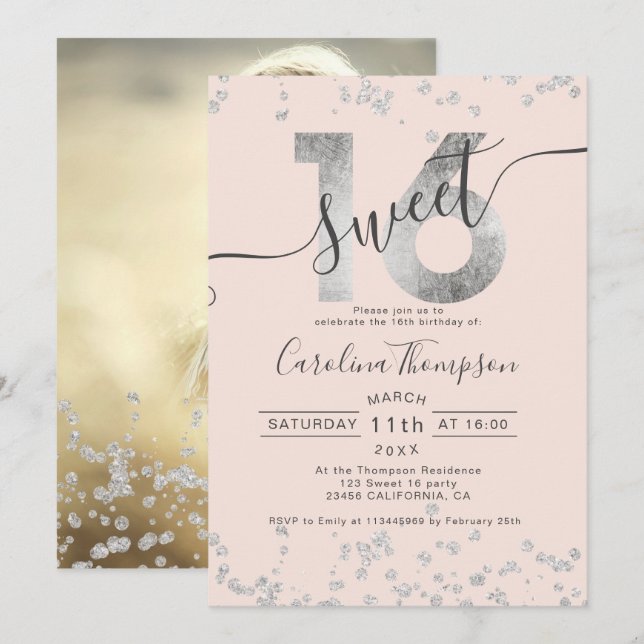 Invitación Moda Relieve metalizado plateado confetti blush Sw (Anverso / Reverso)