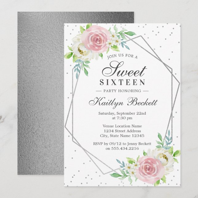 Invitación Moda Relieve metalizado plateado Dulce Floral 16 C (Anverso / Reverso)