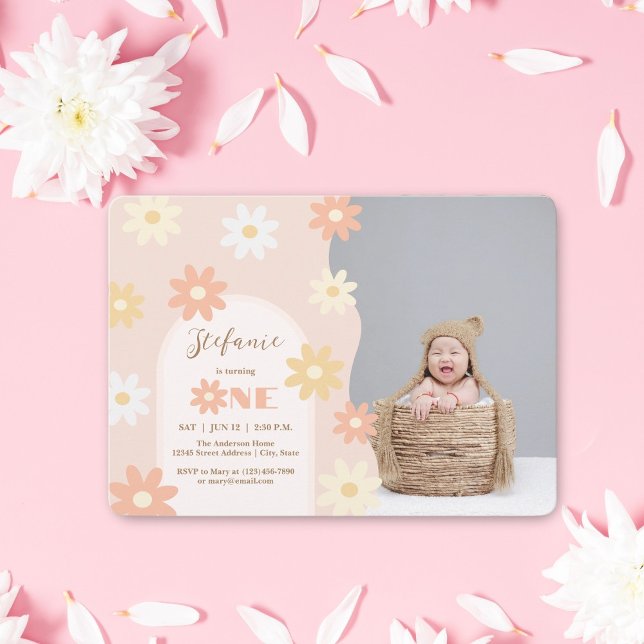 Invitación Moda retro Bohemian Daisy Primer cumpleaños foto d (Subido por el creador)