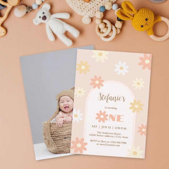 Invitación Moda retro Bohemian Daisy Primer cumpleaños foto d (Subido por el creador)