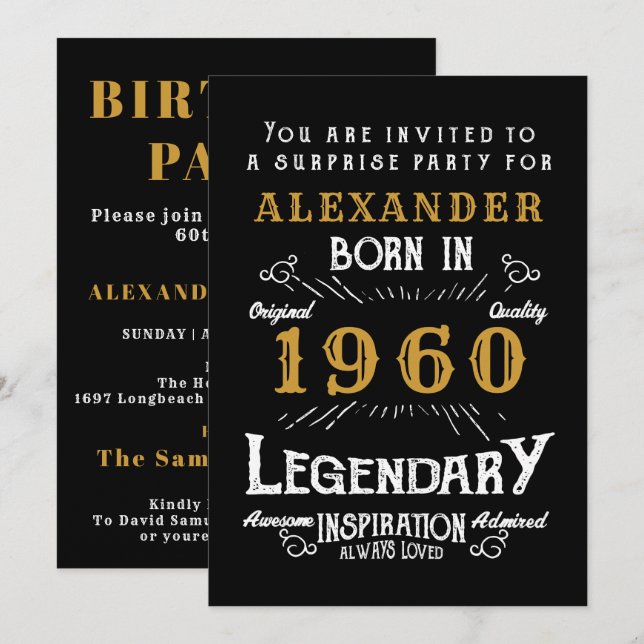 Invitación Moda Retro de Oro Negro de Cumpleaños Personalizad (Anverso / Reverso)