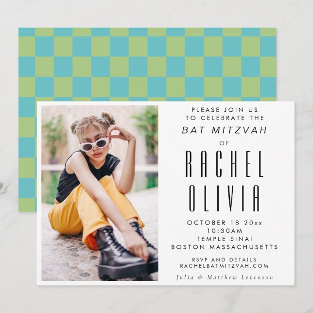 Invitación Moda retro moderna foto azul y murciélago verde Mi (Anverso / Reverso)