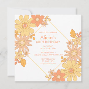 Invitación Moda Retro Naranja Hippie Flora 60 cumpleaños