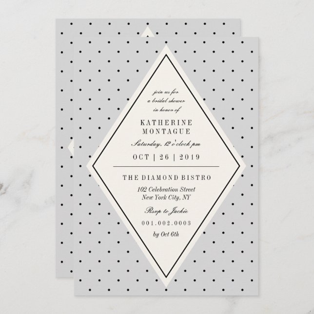 Invitación Moda retro Polka Dots Diamond Bridal Shower Invite (Anverso / Reverso)