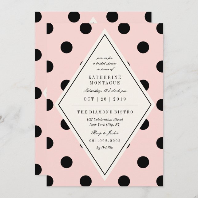Invitación Moda retro Polka Dots Diamond Bridal Shower Invite (Anverso / Reverso)