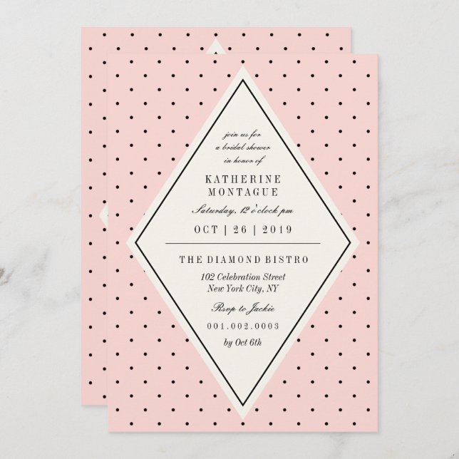 Invitación Moda retro Polka Dots Diamond Bridal Shower Invite (Anverso / Reverso)