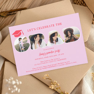 Invitación Moda Retro rosa caliente 3 fotos graduación del gu
