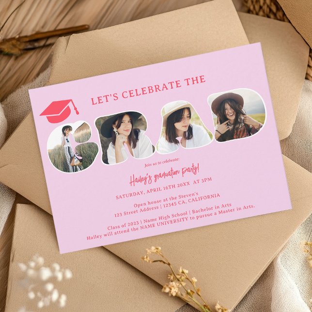 Invitación Moda Retro rosa caliente 3 fotos graduación del gu (Chic Retro hot pink 3 photos script graduation Invitation)