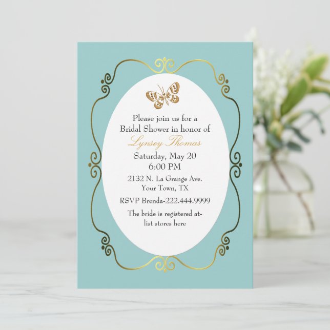 Invitación Moda Robin's Egg Blue & Gold Personalizado Bridal  (Anverso de pie)