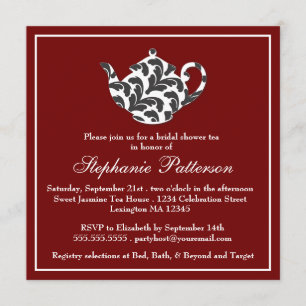 Invitación Moda Roja y Blanca con Damask Bridal Shower Fiesta