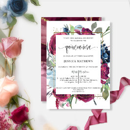 Invitación Moda Rojo Borgoña, Floral Azul Berry Quinceañera
