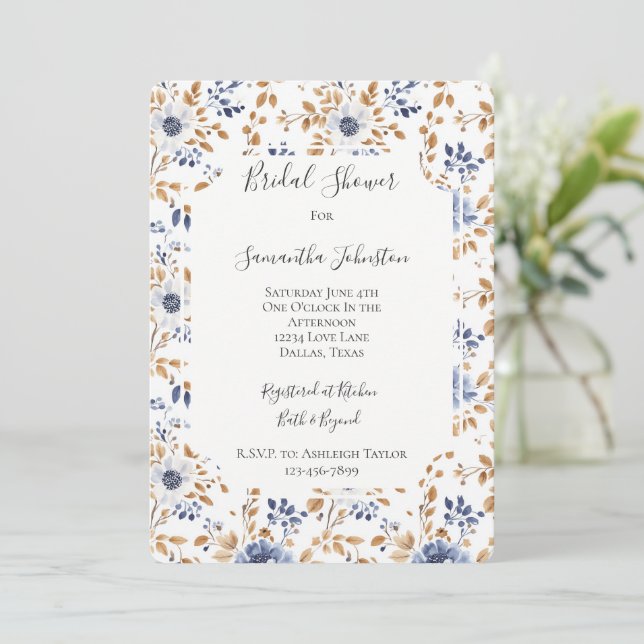 Invitación Moda Romántica Floral Azul Azul Floral Bridal Show (Anverso de pie)
