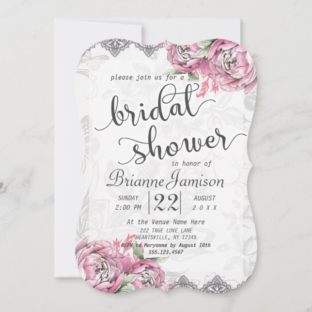 Invitación Moda romántica Peony Lace Bridal Shower (Anverso)