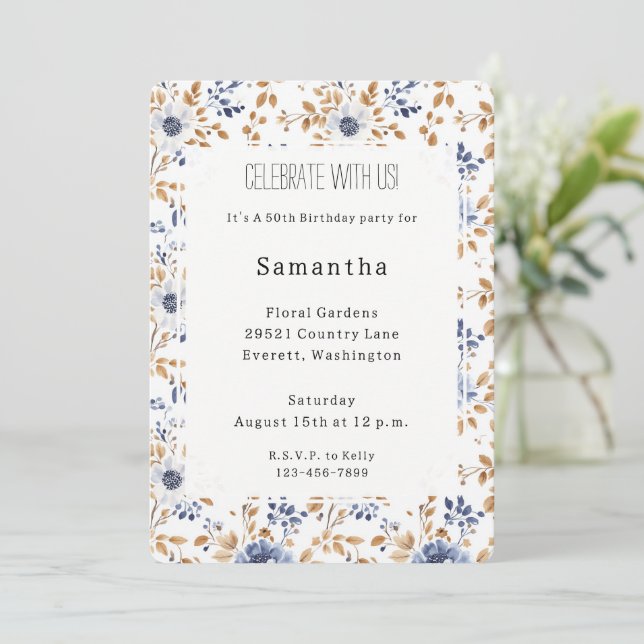 Invitación Moda Romántico Blue Floral Cumpleaños (Anverso de pie)