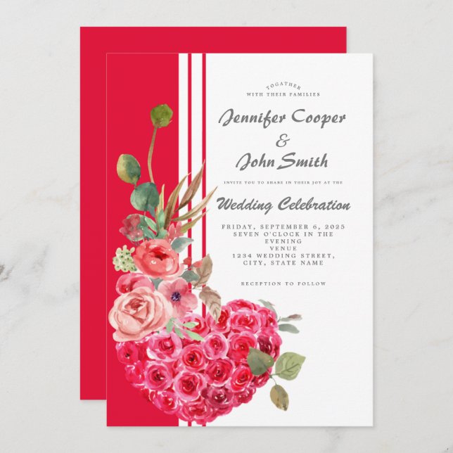 Invitación Moda Rosa acuarela Corazón Boda floral moderno (Anverso / Reverso)