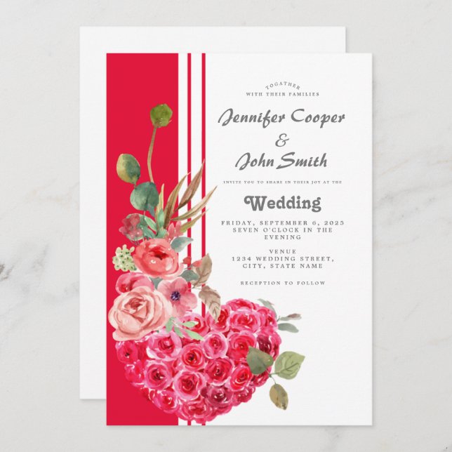 Invitación Moda Rosa acuarela Corazón Boda floral moderno (Anverso / Reverso)