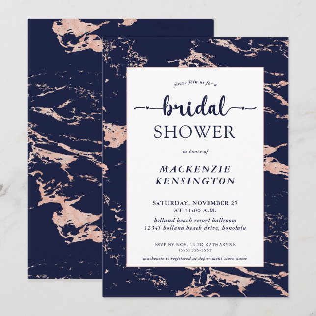 Invitación Moda Rosa azul marble dorado ducha de novia (Anverso / Reverso)