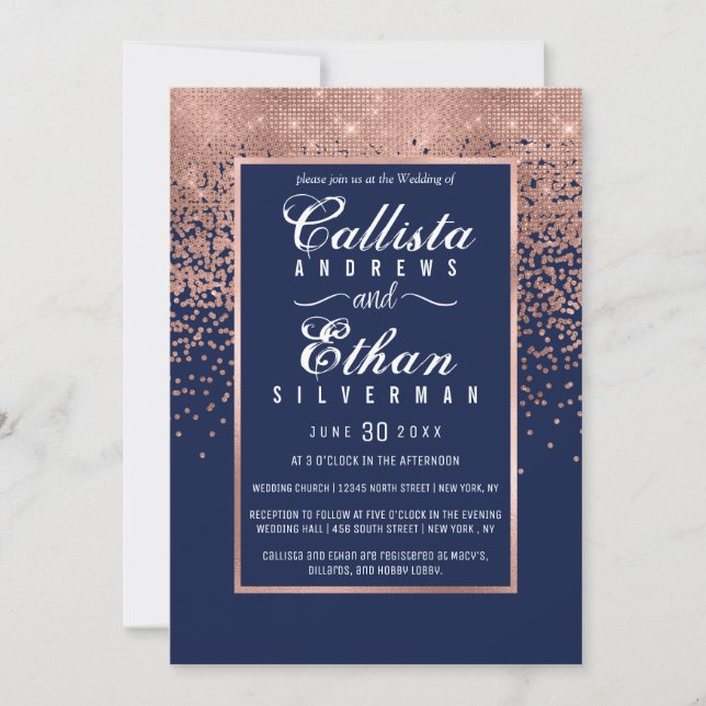 Invitación Moda Rosa azul  Purpurina de oro Confetti Boda (Anverso)