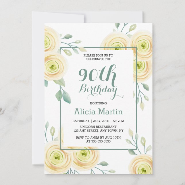 Invitación Moda Rosa Blanca Eucalyptus Greenery 90º cumpleaño (Anverso)