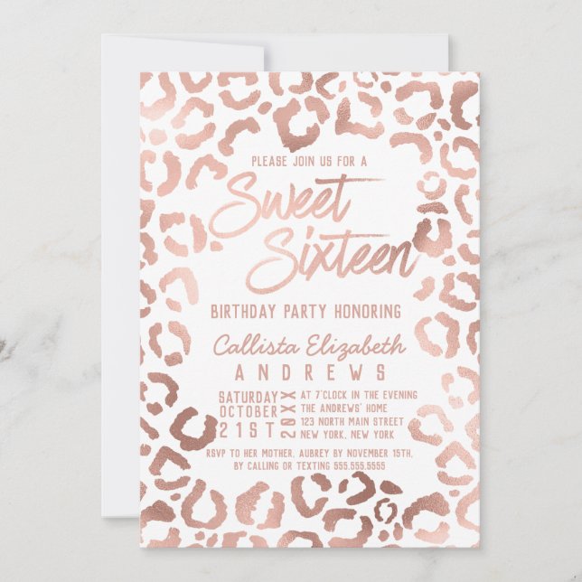Invitación Moda Rosa Blanca Oro Cheetah Leopard Sweet 16 (Anverso)