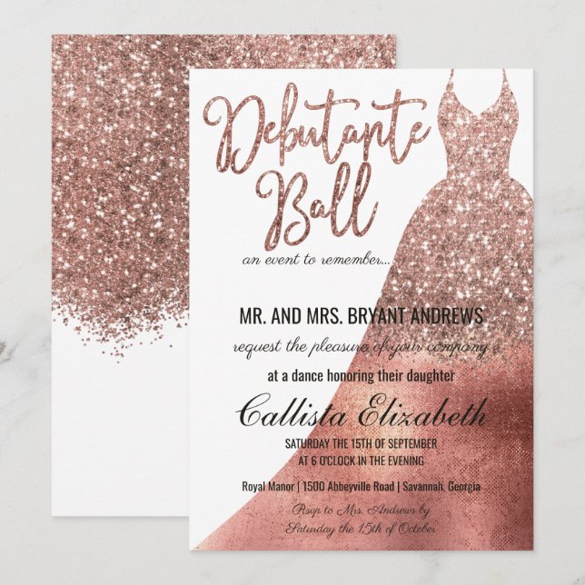 Invitación Moda Rosa Blanca Oro Purpurina Vestido Debutante D (Anverso / Reverso)