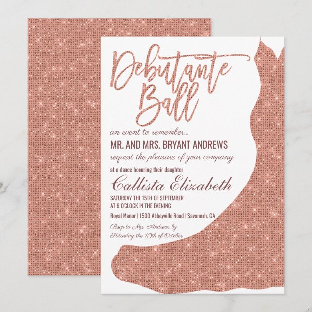 Invitación Moda Rosa Blanca Oro Purpurina Vestido Debutante D (Anverso / Reverso)