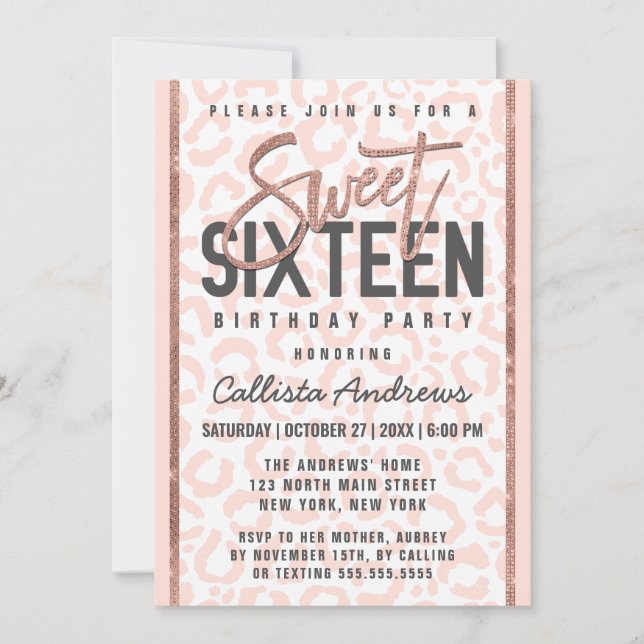 Invitación Moda Rosa Blanca Purpurina de oro Cheetah Sweet 16 (Anverso)