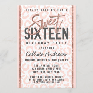 Invitación Moda Rosa Blanca Purpurina de oro Cheetah Sweet 16