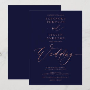 Invitación Moda rosa caligrafía dorada lujoso boda azul marin