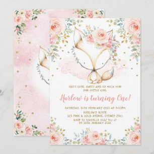 Invitación Moda Rosa Chica Fox Bebé Primer Cumpleaños Woodlan