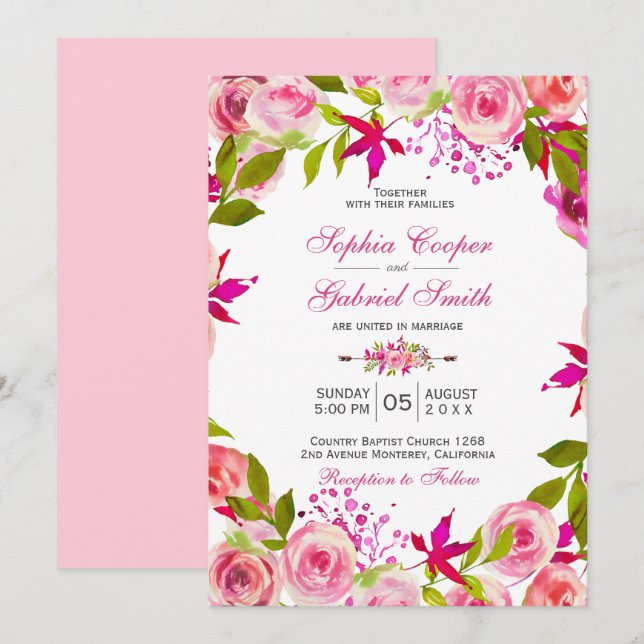 Invitación Moda Rosa de Fuchsia Rosa Boda Floral Botánica (Anverso / Reverso)