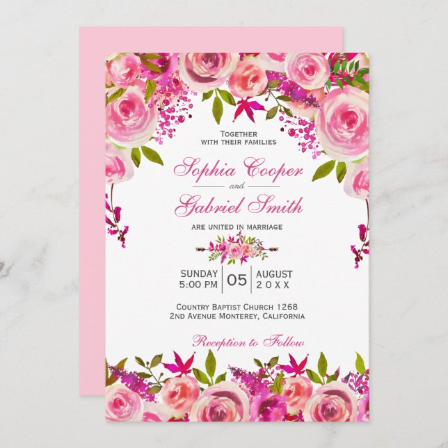 Invitación Moda Rosa de Fuchsia Rosa Boda Floral Botánica (Anverso / Reverso)