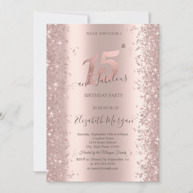Invitación Moda Rosa de oro Esparkle Diamantes 15 cumpleaños (Anverso)
