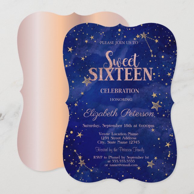 Invitación Moda Rosa de oro Estrellas de la marina dulce azul (Anverso / Reverso)