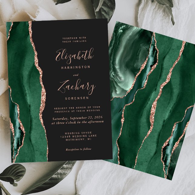 Invitación Moda Rosa de oro verde esmeralda Agate Boda oscuro (Subido por el creador)