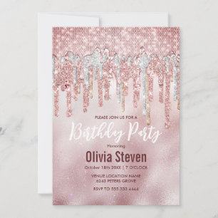 Invitación Moda rosa de sonrojadas purpurinas de oro goteo mo