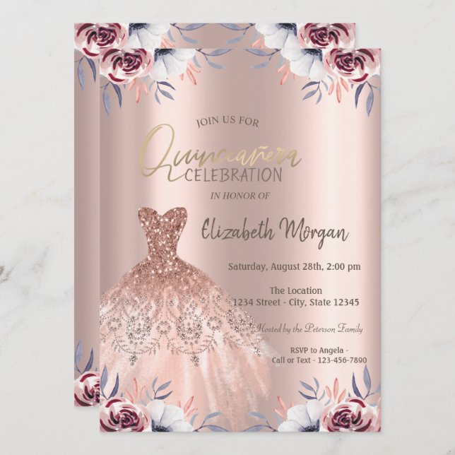 Invitación Moda Rosa Dorado Vestido Floral Quinceañera (Anverso / Reverso)