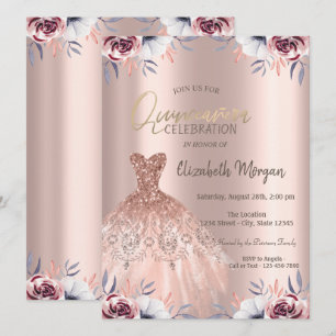 Invitación Moda Rosa Dorado Vestido Floral Quinceañera