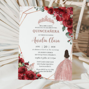 Invitación Moda Rosa Floral Rojo Vestido Chica de Oro Quincea