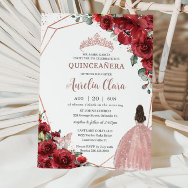 Invitación Moda Rosa Floral Rojo Vestido Chica de Oro Quincea (Subido por el creador)