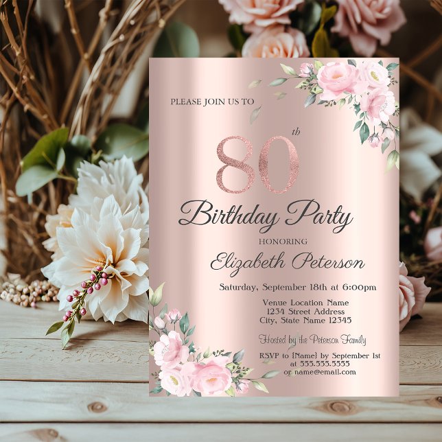 Invitación Moda Rosa floral rosa Oro 80 cumpleaños (Subido por el creador)