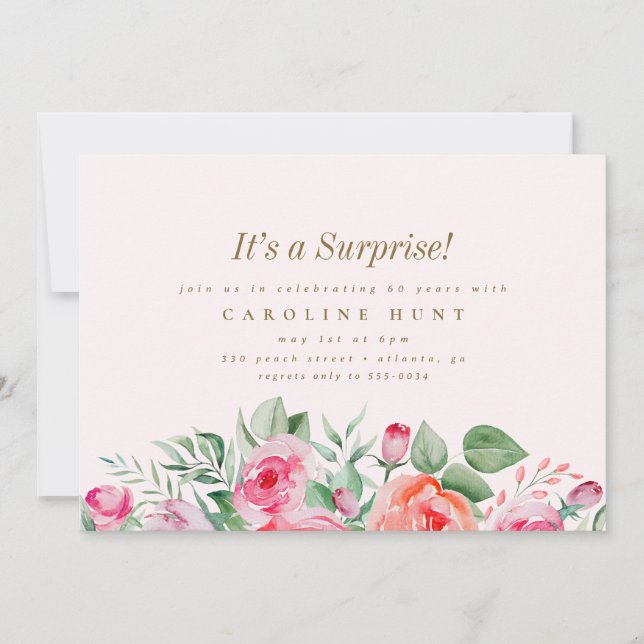 Invitación Moda Rosa Floral Rosa Sorpresa Fiesta de cumpleaño (Anverso)